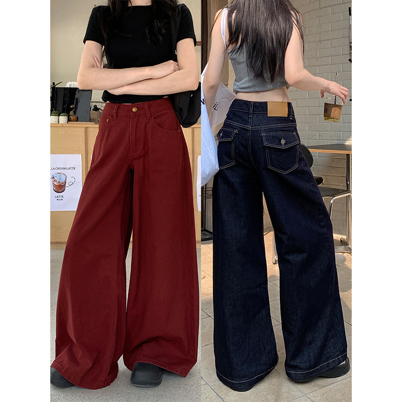 Forever21~Retro Ancora Red Wide-Leg Jeans for Women, Loose High-Waisted American Draped Floor-Length Pants