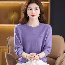 100%羊毛衫纯色中年妈妈套头毛衣女秋冬大码圆领针织打底衫女长袖