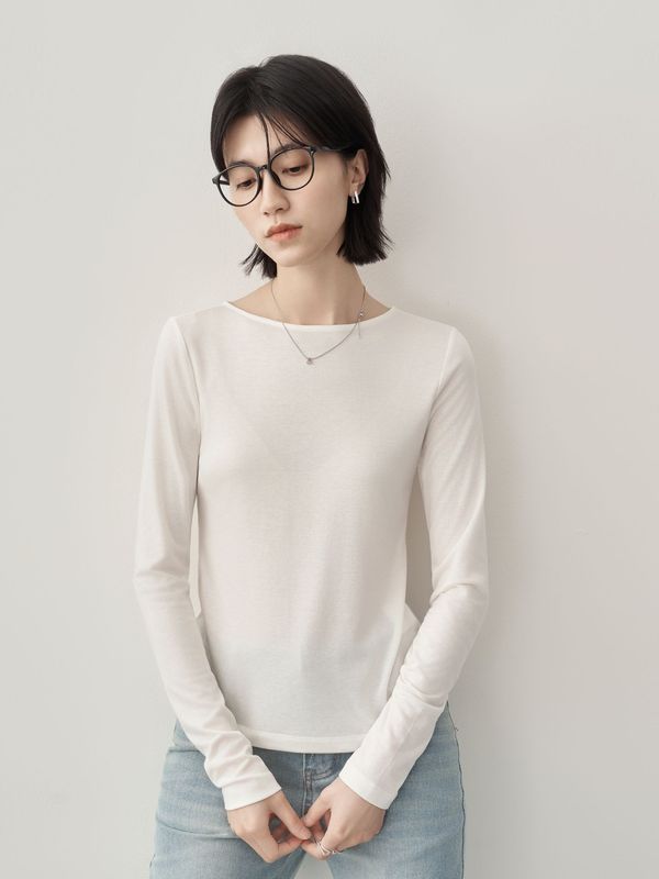 醋酸天丝一字领长袖t恤女莱赛尔轻薄透气修身内搭外穿打底衫上衣|undefined