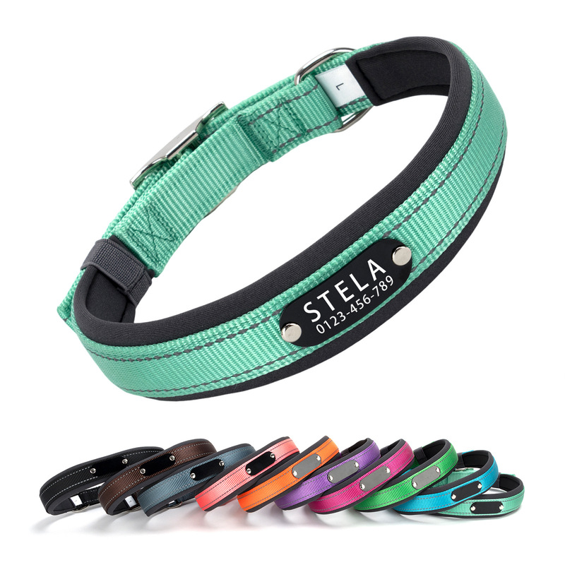 Widened Diving Material Dog Collar with Engraved Name Plate, Comfortable Explosion-Proof Nylon Reflective for Large, Medium and Small Dogs