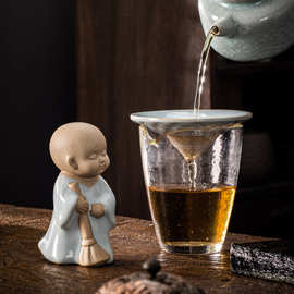 阅锐汝窑禅意小和尚茶宠斗笠茶漏粗陶茶滤过滤网茶叶隔茶器泡茶架