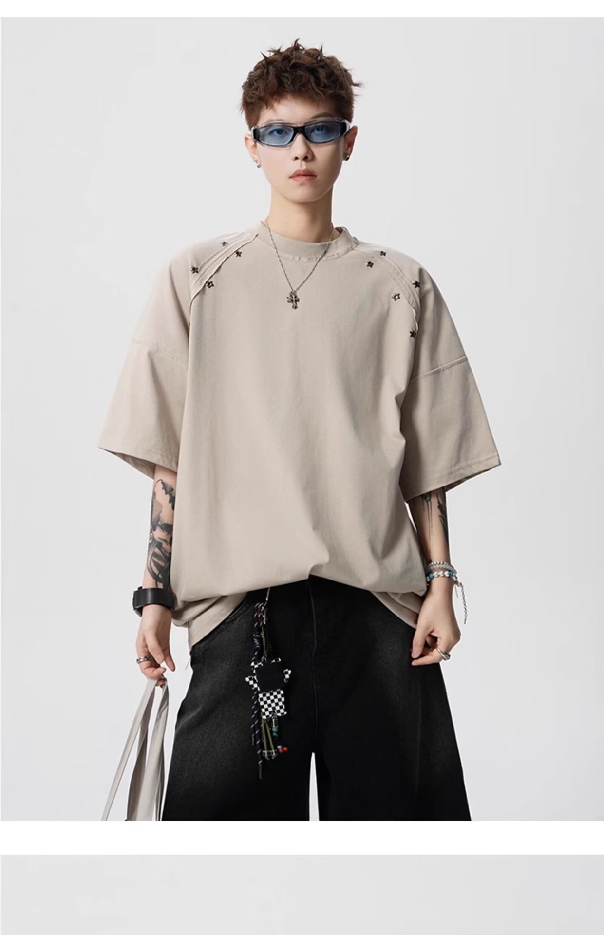 Summer Niche Willow Nails Embellished Decorative Design Sense Shoulder Pad T-shirt Men's Short-sleeved Casual Versatile Heavy T-shirt Top_viptrois.com