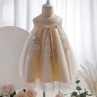 Girls' dress 2025 New Western Style Flower Girl Dress One Year Old Baby Girl's Heavy Industry Birthday Puffy Mesh Dress