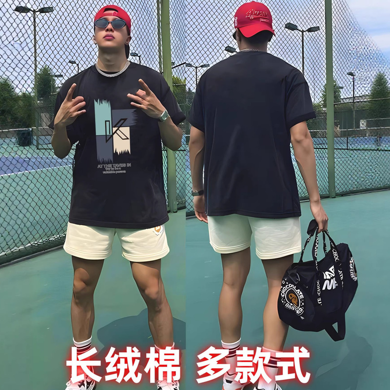 Men's Short-Sleeve T-Shirt, Pure Cotton, Loose Fit, Heavyweight, Crew Neck, Trendy Sports Style, New Model, Export Exclusive