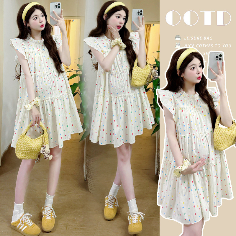 Real Shot of Stylish Maternity Wear: Petite Summer Polka Dot Flutter Sleeve Dress for Women, Layered Ruffle Cake Dress