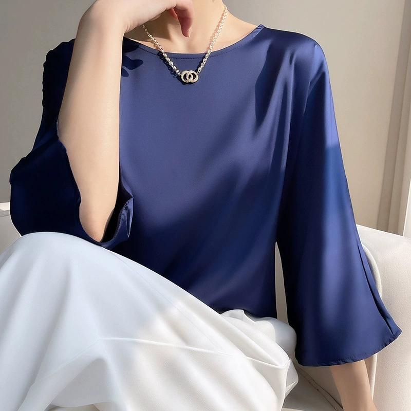 Round-neck women's pullover, satin-look emulation silk, thin commuter base shirt, 3/4 sleeves