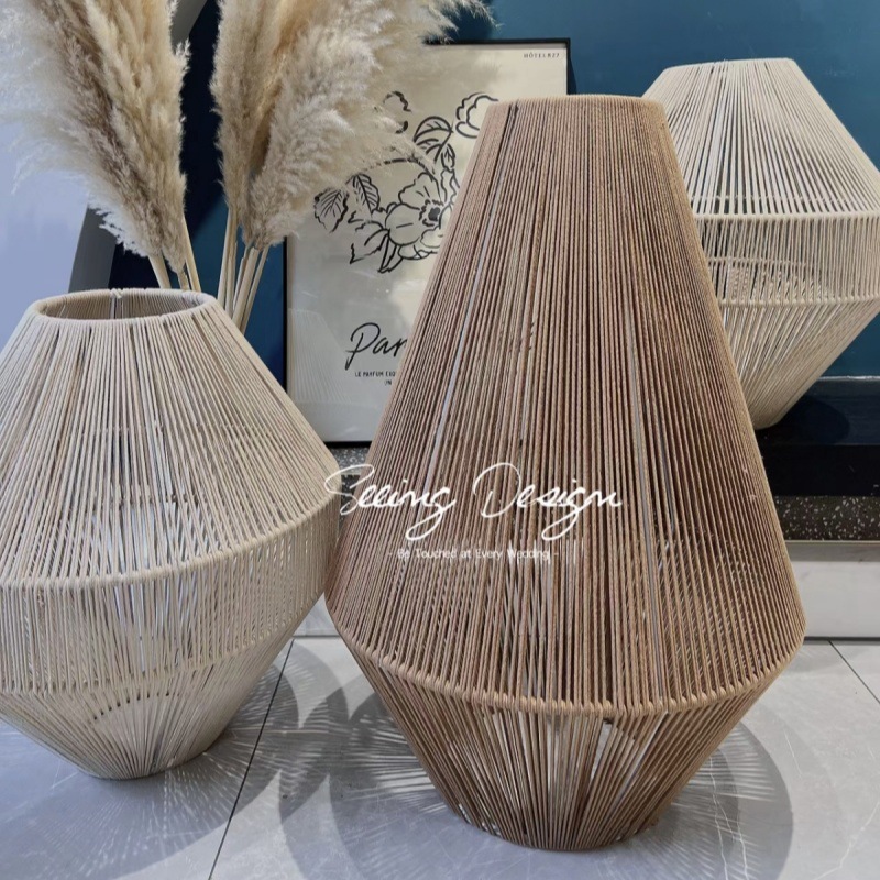 Diy candelabro chino pantalla sala de estar sala de estudio dormitorio imitación ratán cuerda de papel hecha a mano pantalla de lámpara tejida personalidad creativa E27