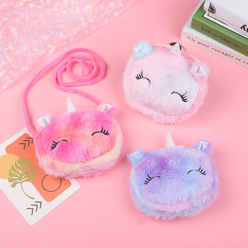 Estilo coreano de dibujos animados lindo unicornio felpa pequeña bolsa de hombro chica estudiante hombro mensajero bolsa de almacenamiento de bebé monedero