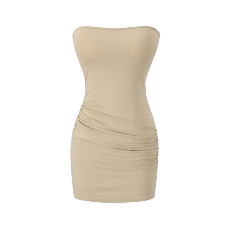 Summer Strapless Tube Top Sexy Hip-Hugging Short Skirt for Women with Breast Pads and Pleated Slim Fit Solid Color Dress for Hot Girls