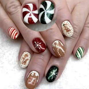 Short Oval Christmas Wear Armor Gingerbread Man Snowflake Red White Joker False Nail suit 24 Pieces