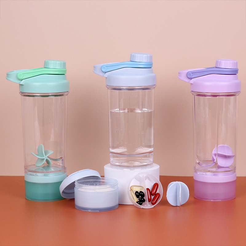 PS taza de batido de plástico proteína en polvo deportes fitness batido de leche taza 500ml mango con caja de polvo caja de medicina taza de batido