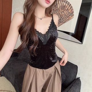 纯欲丝绒蕾丝拼接吊带背心女秋冬内搭带胸垫修身显瘦打底衫上衣潮