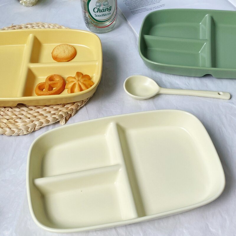 Cream-Style Ceramic Three-Compartment Serving Plate, Fat-Reducing Quantitative Compartment Plate, High-Looking Breakfast Plate, Kidsren's One-Person Meal Set