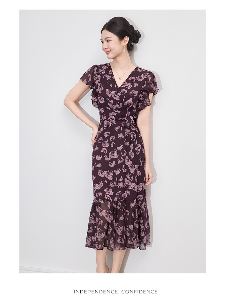 Váy maxi nữ cổ chữ V in hoa thắt eo phong cách cổ điển Pháp — Hoa xanh lam chi tiết 12