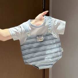 夏季薄款婴儿假两件条纹背带连体衣宝宝卡通哈衣爬服
