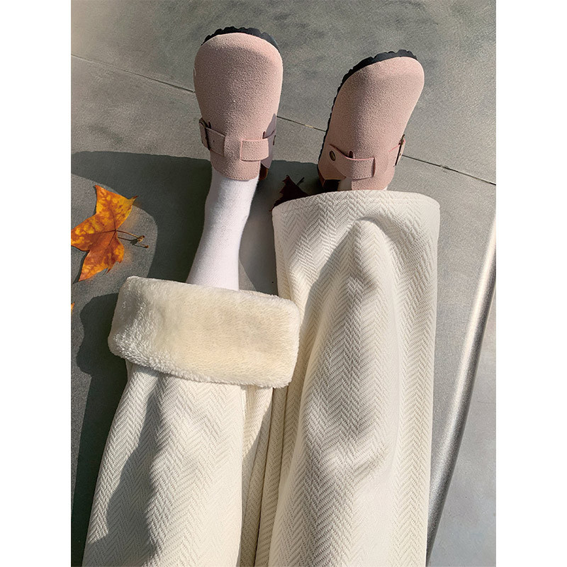 Herringbone Fleece-Lined Wide-Leg Pants for Women in Autumn and Winter High-Waisted Straight Sports Chenille Casual Cashmere Pants