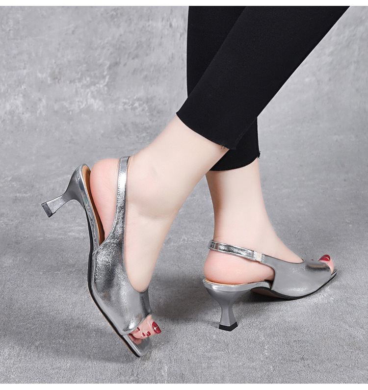 Sandal hở mũi da thật gót vừa kiểu Pháp cho nữ — Màu đen chi tiết 14