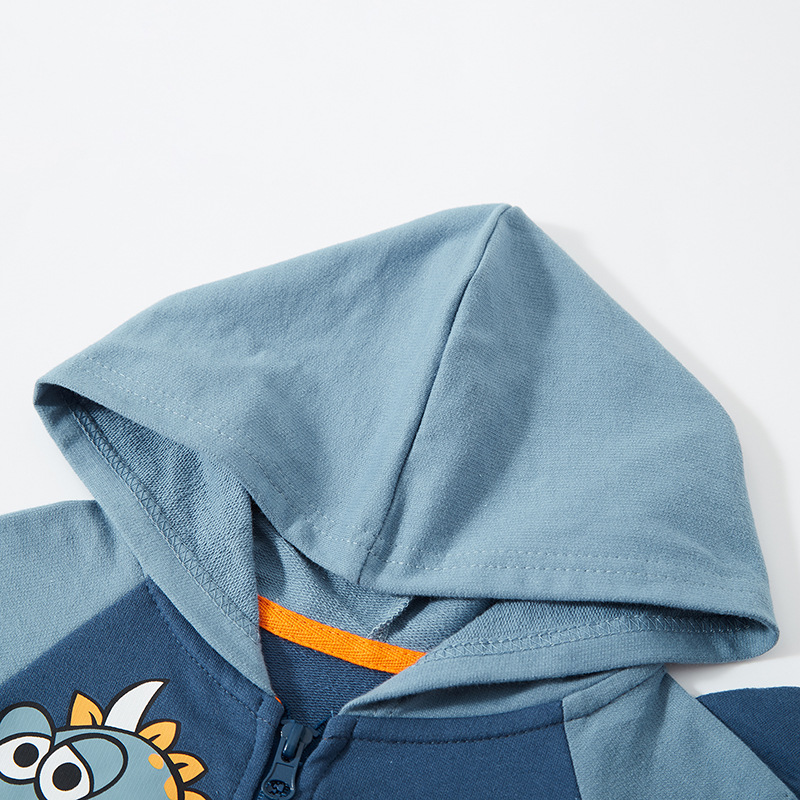 Estilo coreano niños dinosaurio impreso con capucha cremallera camisa suéter de los niños abrigo de primavera de los niños nueva entrega de una sola pieza