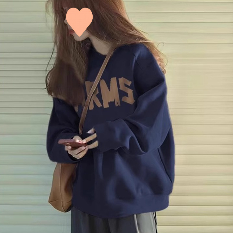 圆领卫衣女薄款藏青色春秋长袖2025新款韩版字母印花宽松秋冬外套|undefined