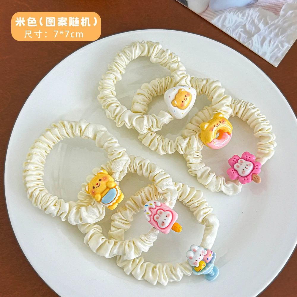 Hair Scrunchie (Cute) with Bear Charm, Soft Fabric Elastic, 7 cm Diameter