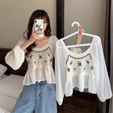 针织雪纺蕾丝套头长袖刺绣大码女装上衣夏季薄款波西米亚民族风