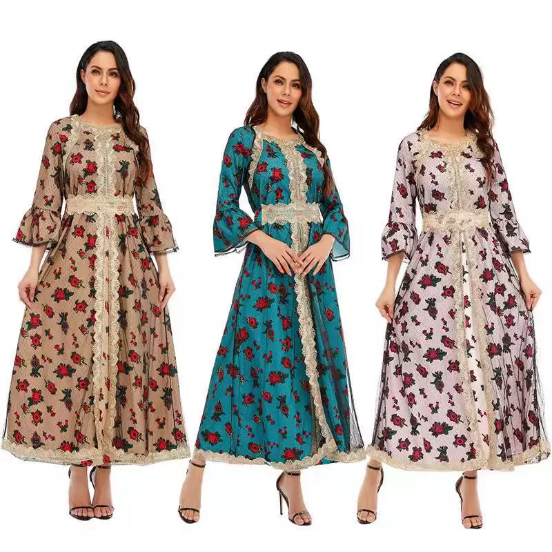 Фабрика прямых продаж Ido Европа и США новый этнический принт с вышивкой кружева muslim платье 21275