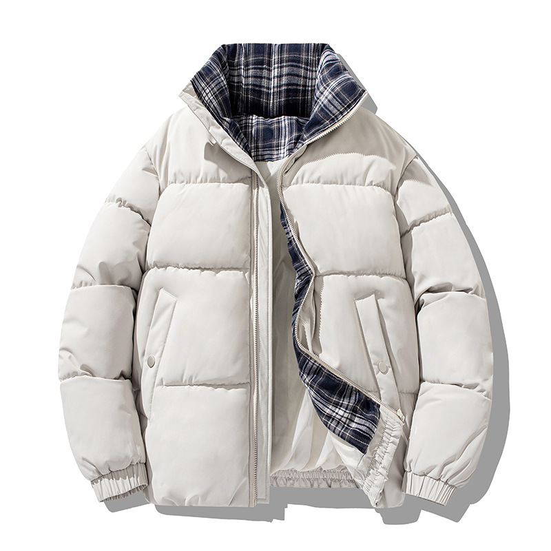 Padded Plaid Jacket With Stand-up Collar For Men And Women_voghion.com