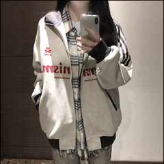 美式复古潮牌字母印花开衫立领卫衣外套女春秋季宽松情侣运动夹克