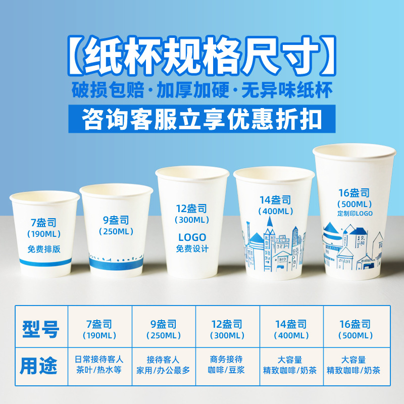 1000 vasos de papel publicitarios, logotipos impresos, vasos de papel desechables, vasos de agua de oficina domésticos engrosados y a prueba de escaldaduras comerciales