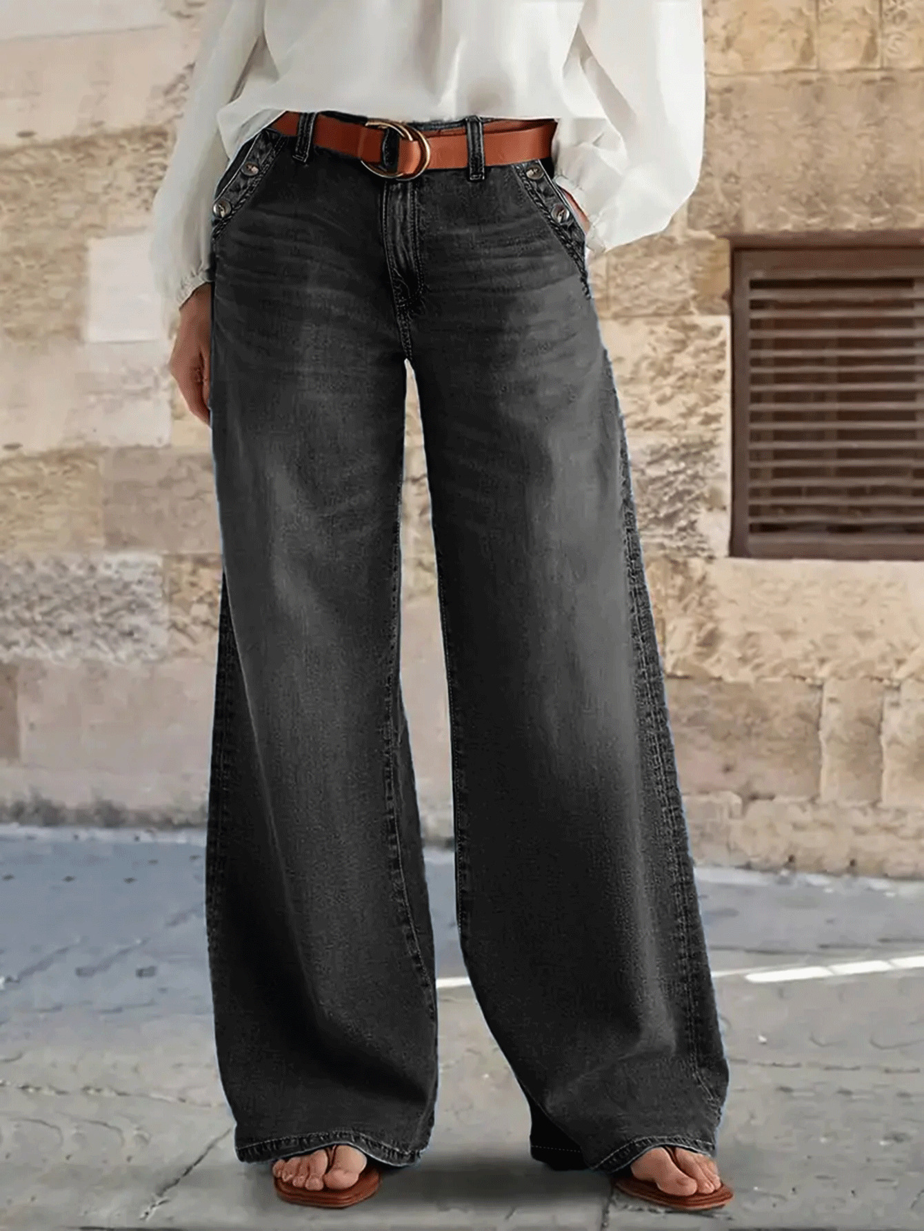 Dam wide leg jeans retro stil med hög midja och lös passform_voghion.com