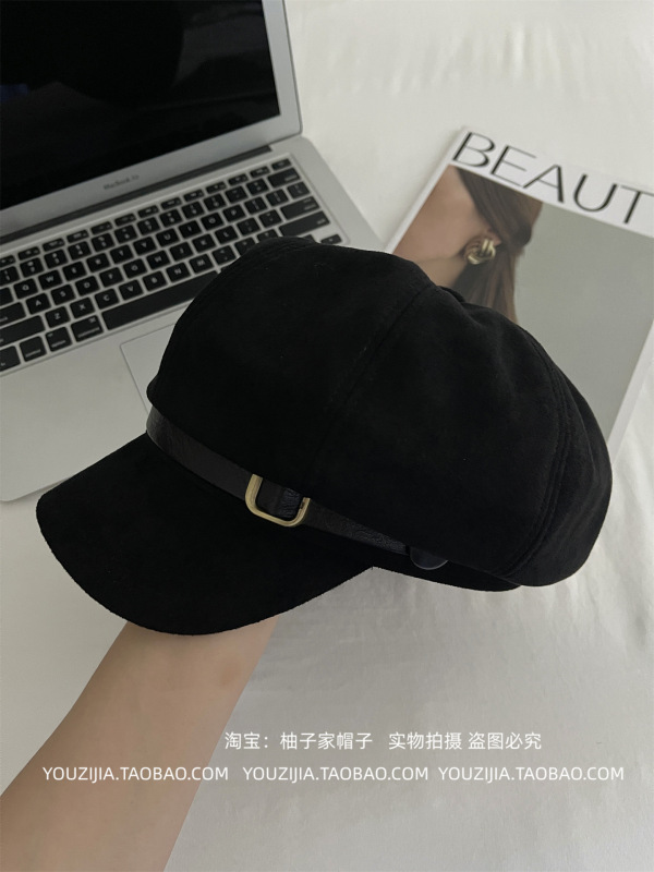 2025秋冬新款麂皮绒复古贝雷帽女韩系做旧潮气质时尚显脸小八角帽|undefined