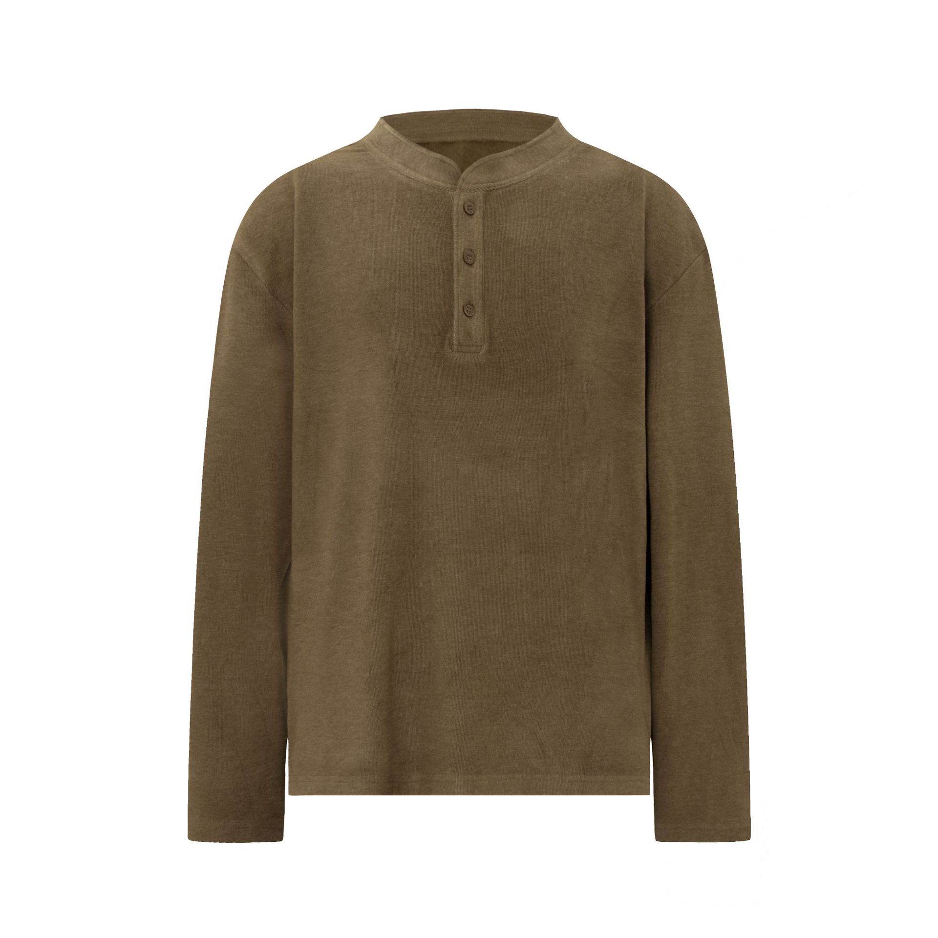 2012美式复古亨利领复古老钱纯色打底设计高级感男式圆领长袖T恤