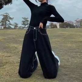 2023春季高腰牛仔裤女黑色宽松显瘦显高韩版阔腿拖地牛仔裤子潮