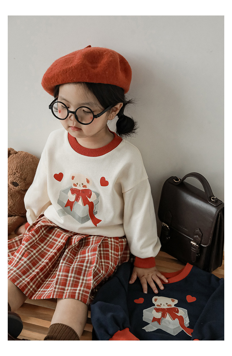 Qiu Duomeng Girls' Cartoon Little Bear Sweater Checkered Set 2024 New Spring and Autumn Children's Top Half Skirt_voghion.com