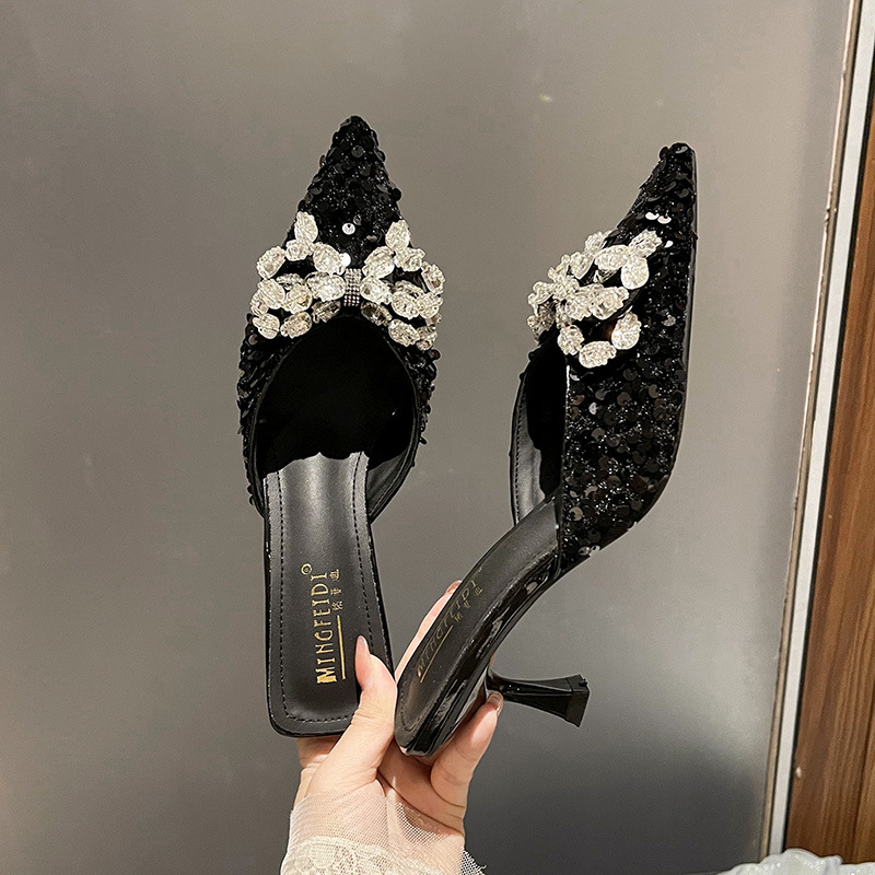 2025 nuevo estilo bowknot rhinestone francés tacón de aguja puntiagudo medias pantuflas para mujer de verano sandalias y pantuflas puntiagudas de tacón alto image 3