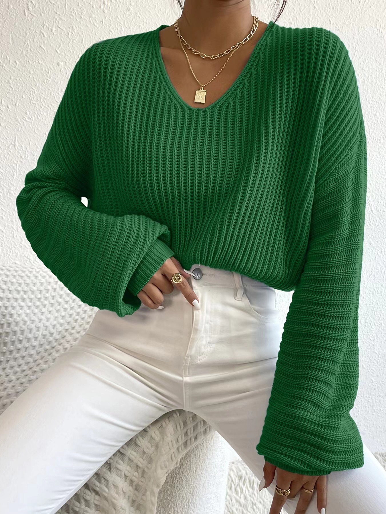 Transfronterizo de punto de mujer Europa y América Amazon 2025 otoño nuevo color sólido V-collar linterna manga larga suéter image 9
