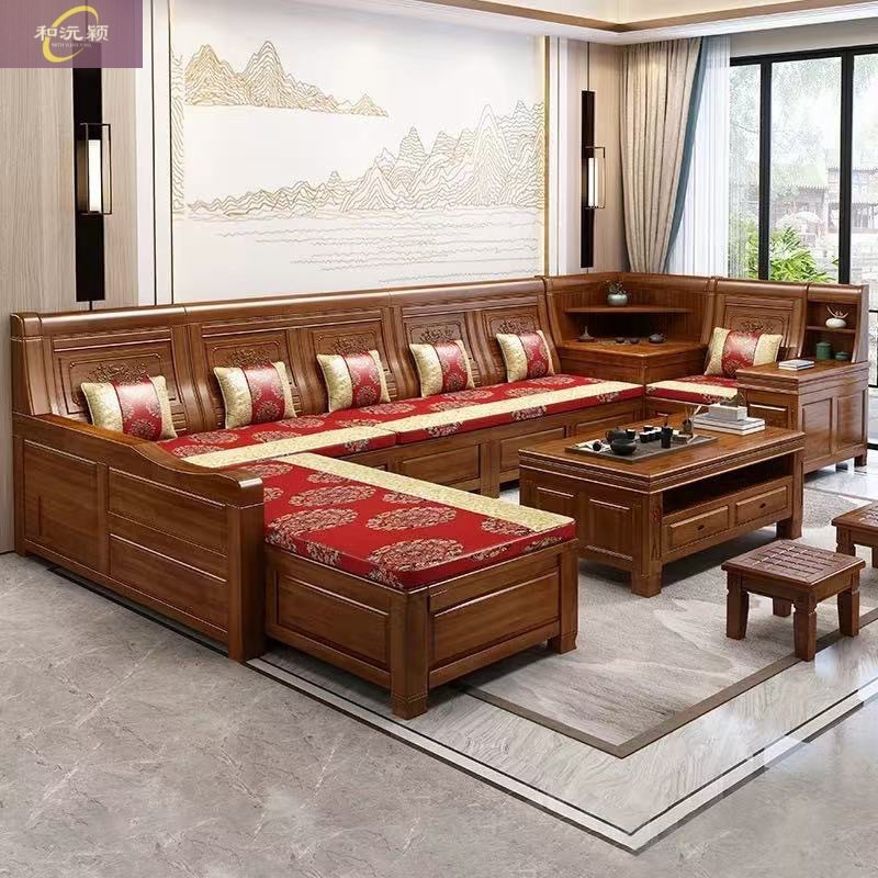 Camphor Wood Solid Wood Sofa Combination Carved Storage Sofa Living Room Antique Chinese Style Winter and Summer Dual-Use Corner Wooden Sofa