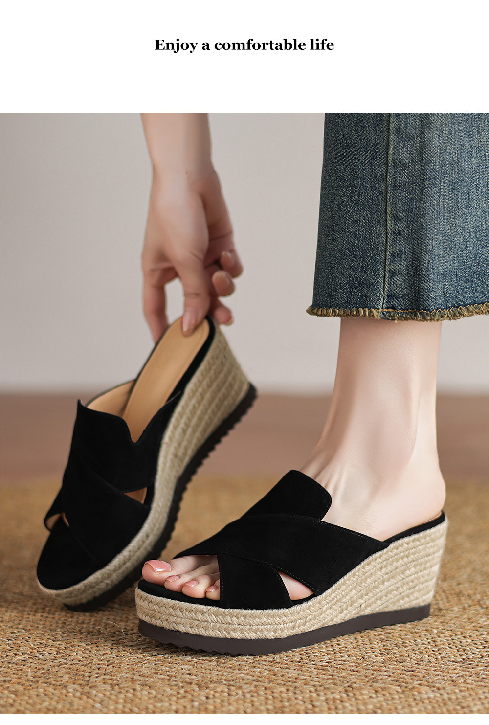 Dép sandal nữ quai ngang đế xuồng đan cói gót 7 cm — Màu đen chi tiết 9
