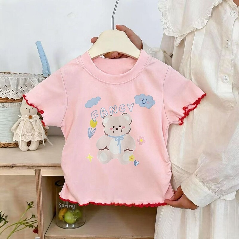 Cotton Girls' Sweet Korean-Style Cute Bear Shirt, Unique and Stylish, Versatile Round-Neck Summer Wear