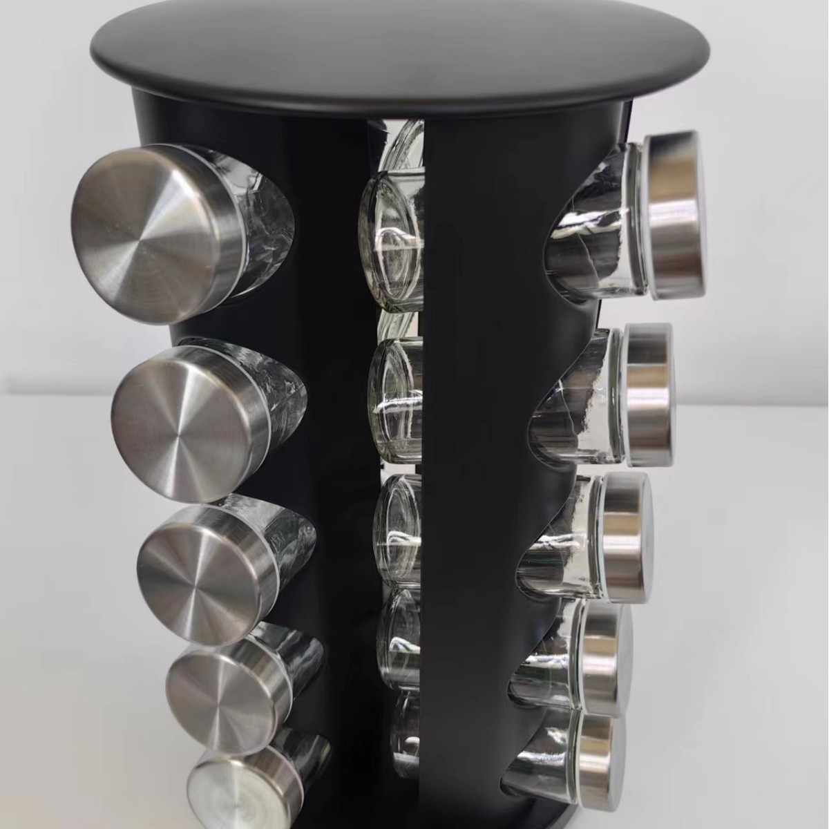 Juego de 12 Frascos de Vidrio para Condimentos con Soporte Giratorio, Cabeza Cuadrada Negra, Cabeza Redonda, Acero Inoxidable