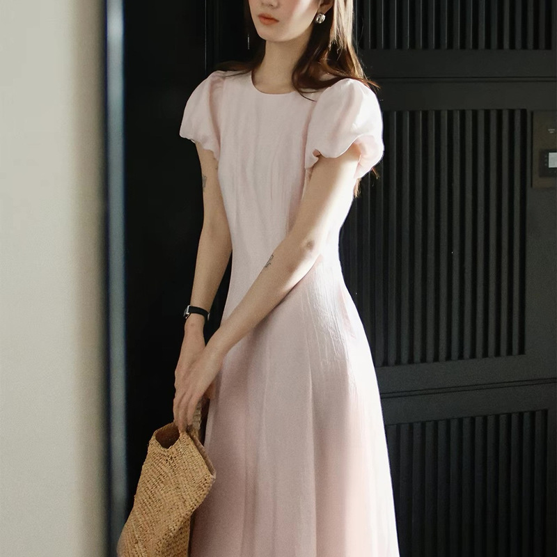 Creamy Peach Dress with 12 Pieces of Tencel Wool and Intricate Shiny Threads, Slimming Summer Dress for Women Creamy Peach Dress with 12 Pieces of Tencel Wool and Intricate Shiny Threads, Slimming Summer Dress for Women