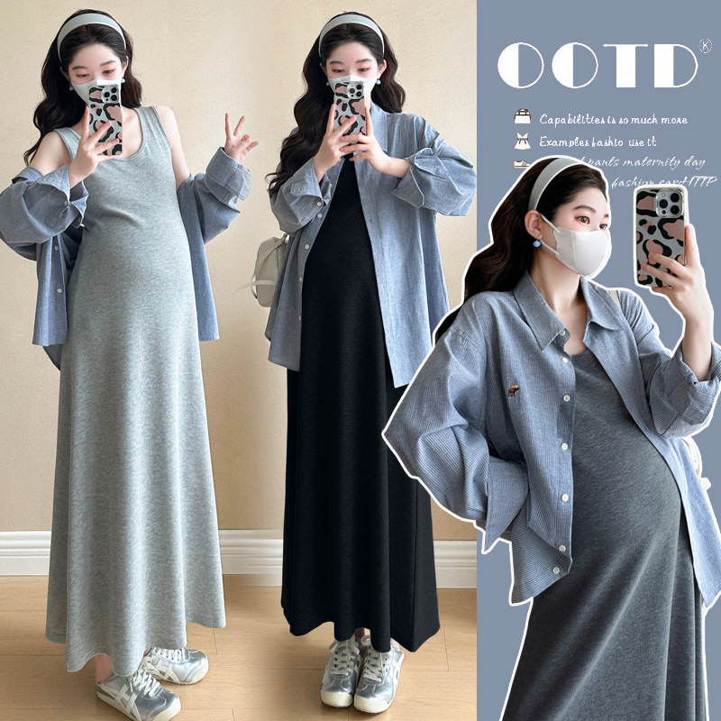 2025 New Autum Fashion Stripesd Korean Style Loose Shirt Mid-Length Vest Dress Slimming Look Maternity Suit 2025 New Autum Fashion Stripesd Korean Style Loose Shirt Mid-Length Vest Dress Slimming Look Maternity Suit