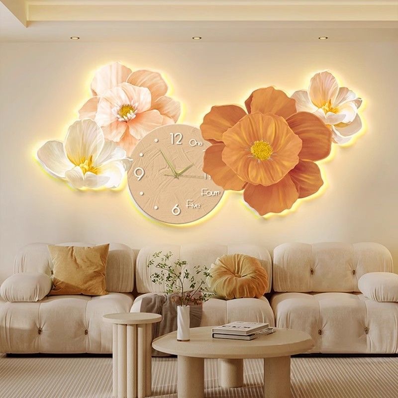 Cream viento sala de estar decoración pintura de fondo sofá colgar pintura de pared con reloj moderno minimalista floral LED pintura de lámpara luminosa