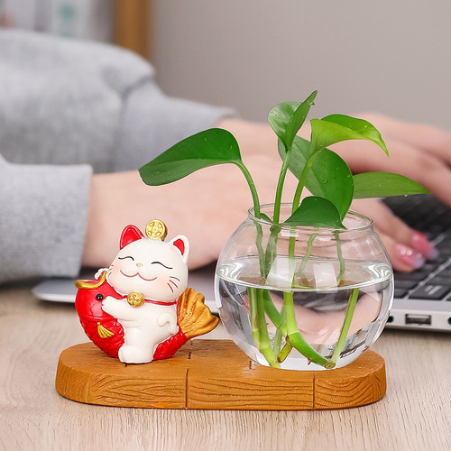 New Lucky Cat Hydroponics Creative Vase Utensils Vase Living Room Desktop Decoration Lucky Cat Green Radish Hydroponics