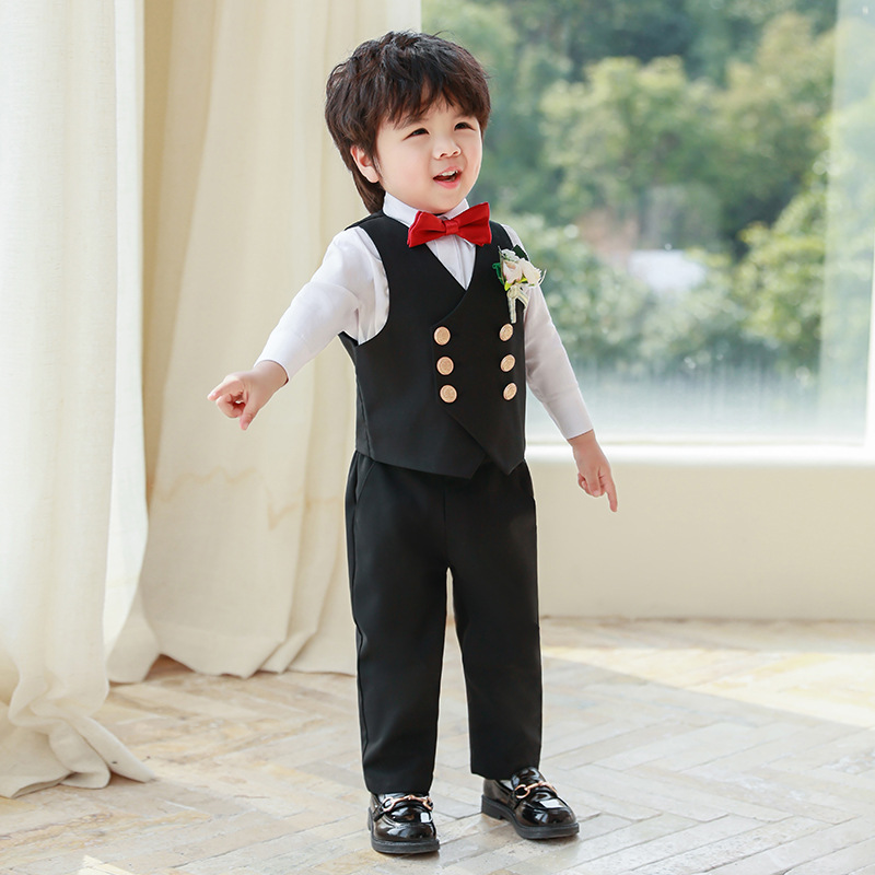 Traje de niño, traje de chaleco, primavera y otoño, traje de actuación de estilo británico, vestido de cumpleaños de niña de las flores de niño de manga larga