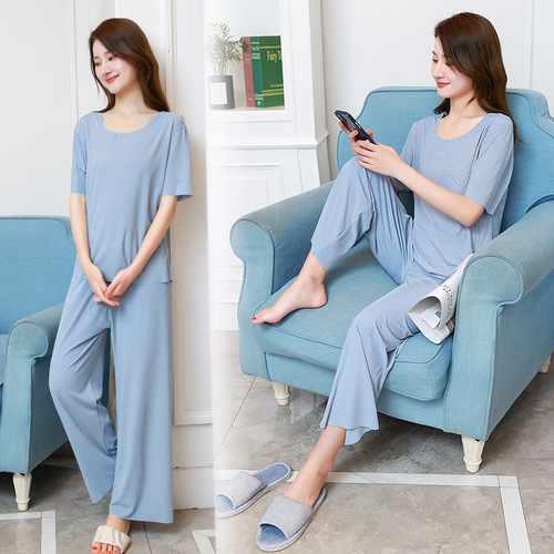 Ribbed Ice Silk Home Set Women Spring Summer Wide Leg Pants Wear Casual Home Ultra Thin Cool Sensation Short Sleeve Pajamas