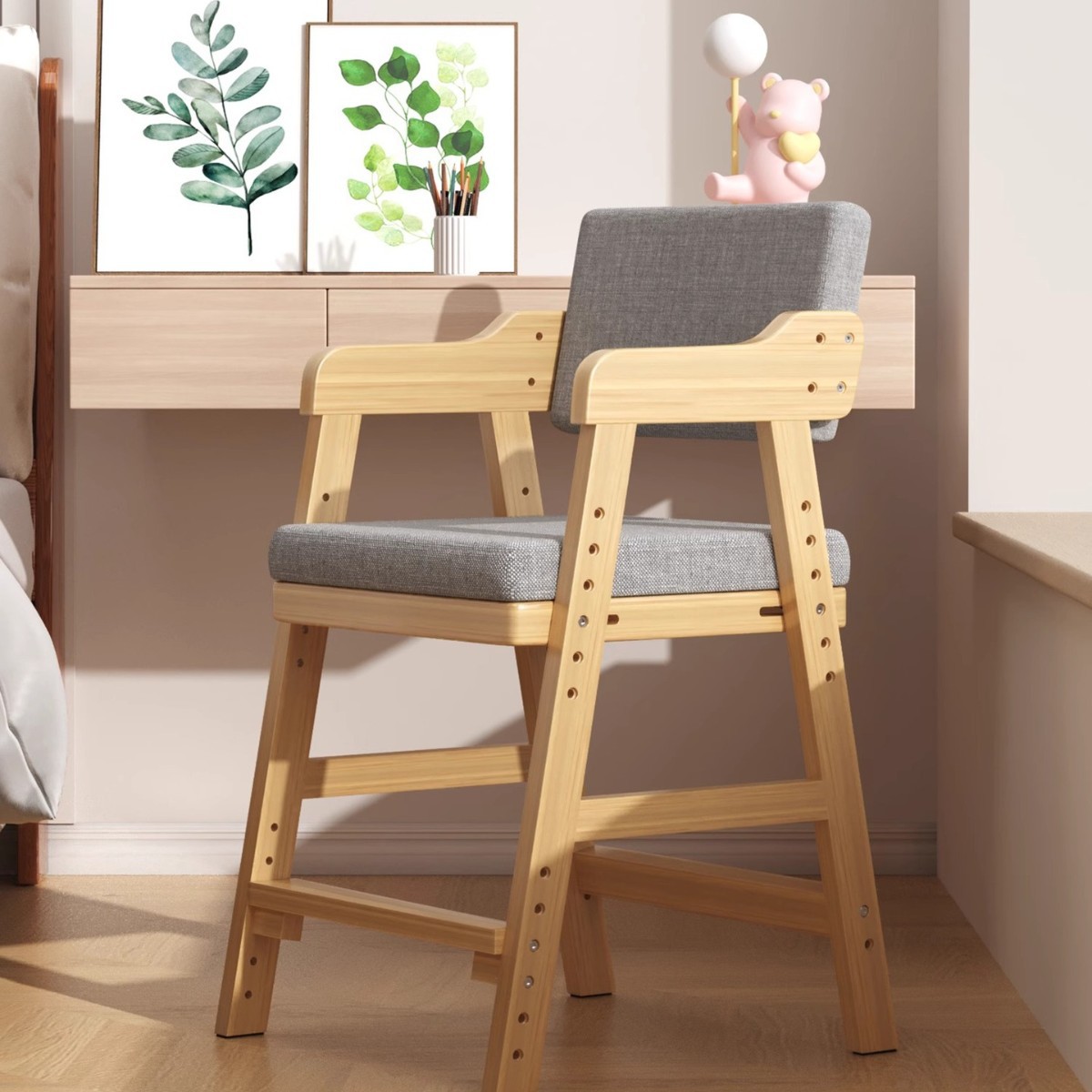 Study Chair with Solid Wood Seat, Adjustable Writing Chair, Student Home Desk Chair, Adjustable Dining Chair