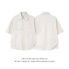 跨境批发条纹短袖衬衫男夏季小众垂感宽松纯色衬衣杏色现货整