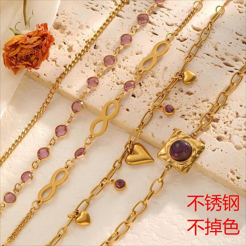 Spot Cross-Border Stainless Steel Bracelet Heart-Shaped 18K Gold Titanium Steel Women's Pendant Amethyst Bracelet Infinity Symbol Bracelet