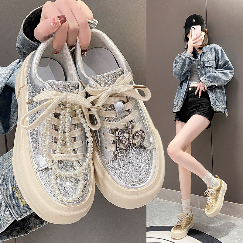 Thick-Soled Fashion Sneakers for Women 2025 New Spring & Fall Hot Style Rhinestone Silver Sports Comfortable Casual Shoes Trendy Thick-Soled Fashion Sneakers for Women 2025 New Spring & Fall Hot Style Rhinestone Silver Sports Comfortable Casual Shoes Trendy